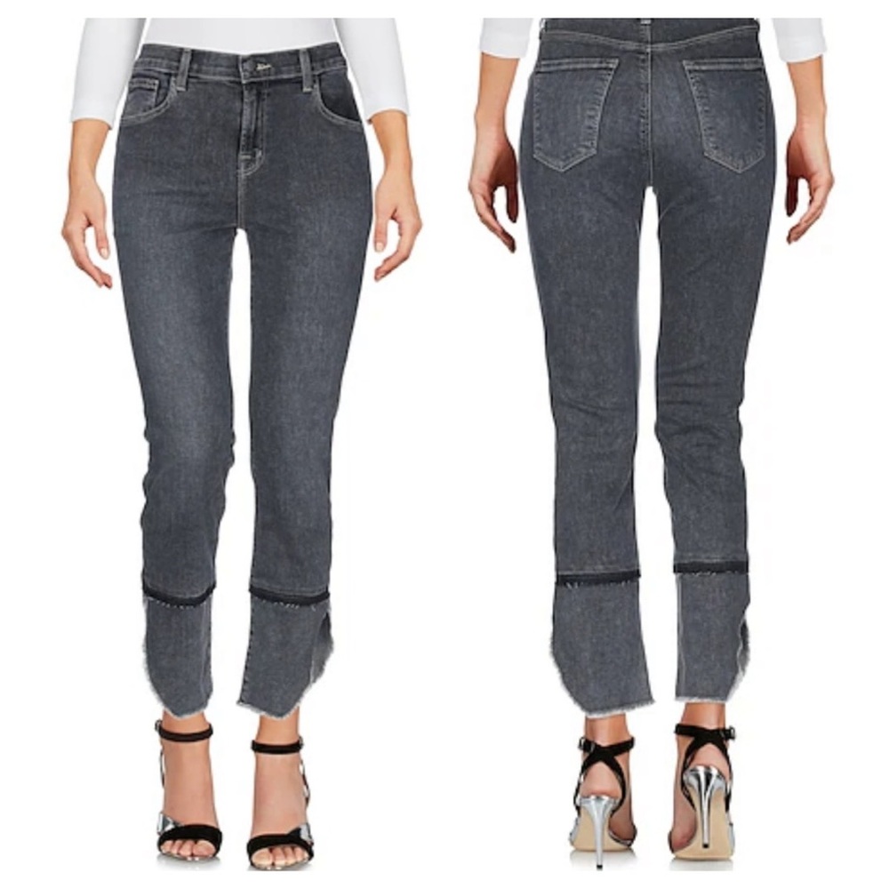 J Brand Ruby high rise crop cigarette jeans assymetrical raw hem grey denim 27